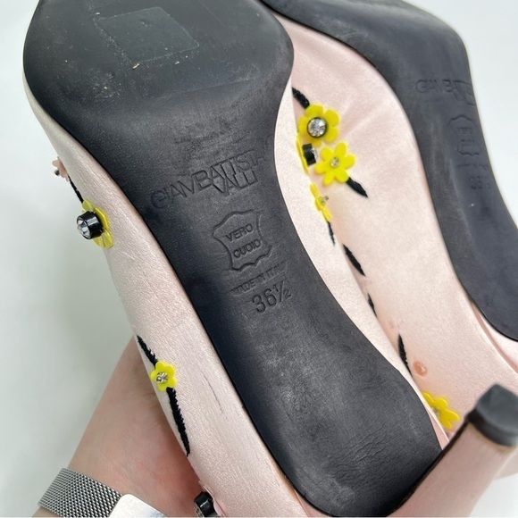 Giambattista Valli Blush Pink Luxury Satin Yellow Floral Embroidered Kitten Heel - Picture 13 of 14